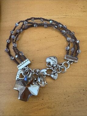 Brighton Karma Crystal Cross Charm Multi-Strand Bracelet in Brown and Silver